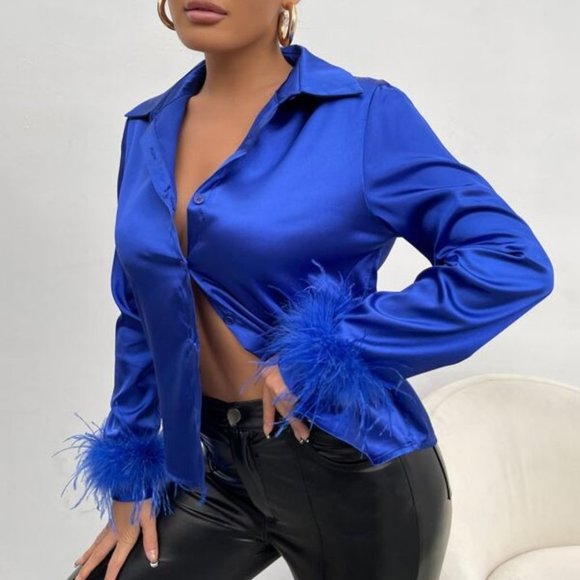 MODA ME COUTURE Tops - Statement Maker Fuzzy feather Cuff Blouse